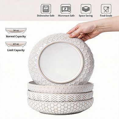 4 pack 42 oz Embossed Ceramic Pasta Bowls Salad Fruit Stackable Microwave Dishwasher