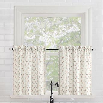 No. 918 Riverwood Floral Stripe Semi-Sheer Rod Pocket Kitchen Curtain Tier Pair