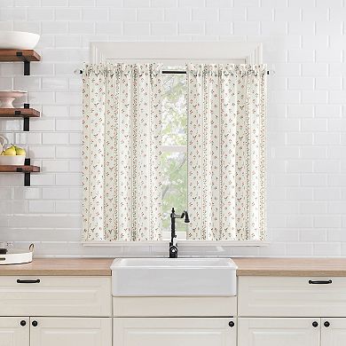 No. 918 Riverwood Floral Stripe Semi-Sheer Rod Pocket Kitchen Curtain Tier Pair