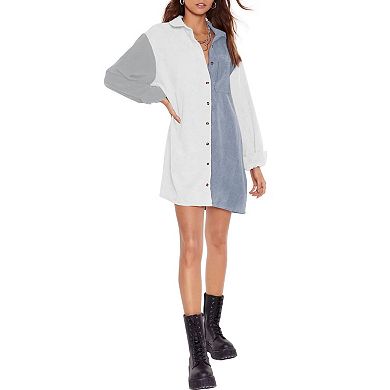 Women's Button Down Shirt Dress with Chest Pocket and Contrast Colors