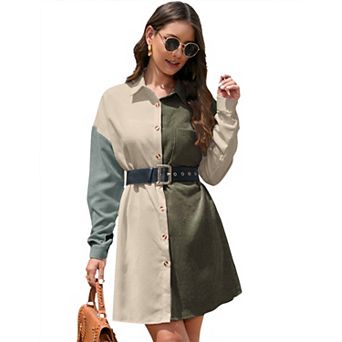 Women's Button Down Shirt Dress with Chest Pocket and Contrast Colors