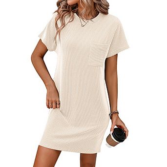 Women's Casual Short Sleeve Crewneck Shirt Dresses Ribbed Knit Short Dress with Pockets