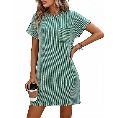 Women's Casual Short Sleeve Crewneck Shirt Dresses Ribbed Knit Short Dress  with Pockets