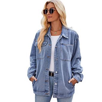 Womens Denim Button Down Casual Loose Long Sleeve Vintage Jean Jackets Tops