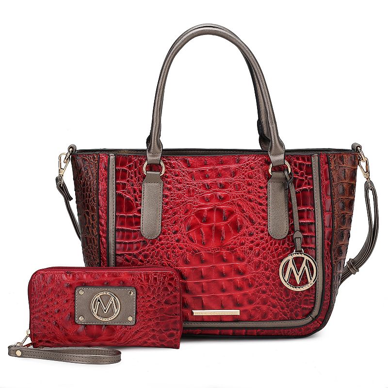 MKF Collection Bonnie Faux Crocodile-Embossed Satchel Bag with Wallet, Red