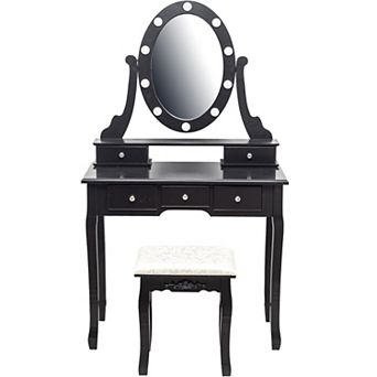 Vanity Desk With Mirror And Lights, Wood Makeup Dressing Table With Oval Mirror & Stool