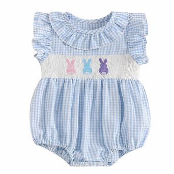 Baby Girls Blue Smocked Easter Bunny Romper