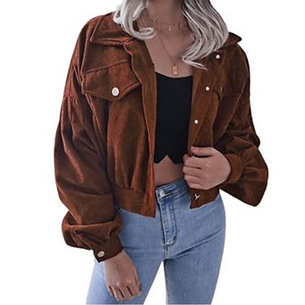 Women's Corduroy Long Sleeve Jacket Collared Button Down Casual Work Blazer Coat