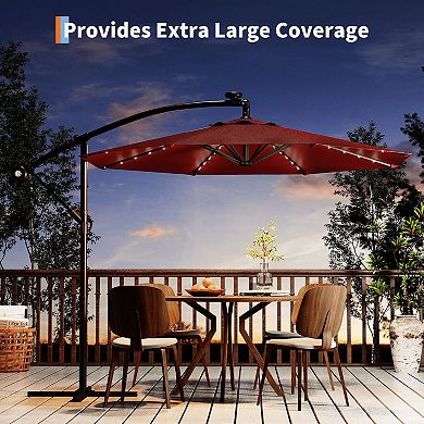 10FT Cantilever Patio Umbrella, Offset Hanging Market Umbrella with Solar LED 24 Lights, Easy Tilt
