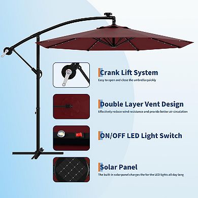 10FT Cantilever Patio Umbrella, Offset Hanging Market Umbrella with Solar LED 24 Lights, Easy Tilt