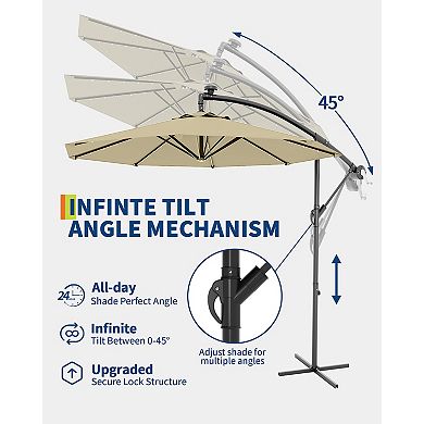 10FT Cantilever Patio Umbrella, Offset Hanging Market Umbrella with Solar LED 24 Lights, Easy Tilt