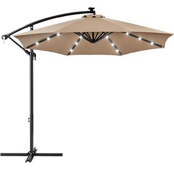 10FT Cantilever Patio Umbrella, Offset Hanging Market Umbrella with Solar LED 24 Lights, Easy Tilt