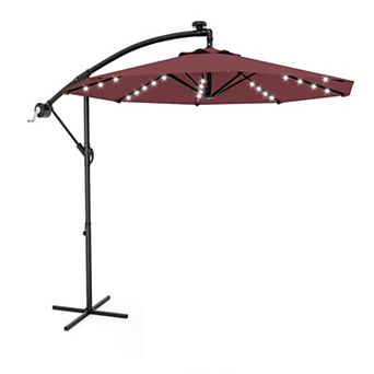10FT Cantilever Patio Umbrella, Offset Hanging Market Umbrella with Solar LED 24 Lights, Easy Tilt