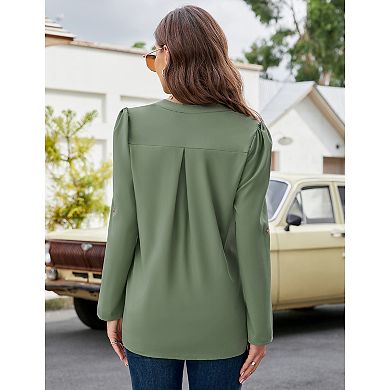 Women's V-neck Front Pocket Elegant Solid Color Long Sleeved Shirt Pullover Top