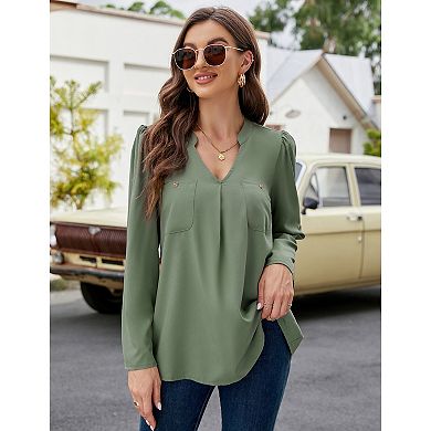 Women's V-neck Front Pocket Elegant Solid Color Long Sleeved Shirt Pullover Top