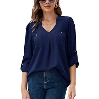 Women's V-neck Front Pocket Elegant Solid Color Long Sleeved Shirt Pullover Top