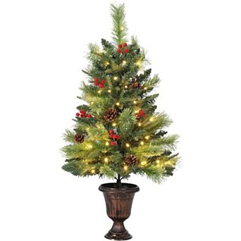 Small Christmas Tree for Tabletop,Artificial Christmas Tree with LED Warm Lights,Pine Cone&Red Berry