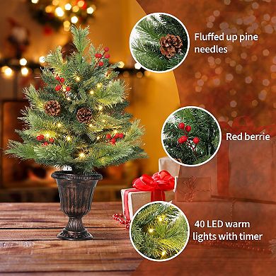 Small Christmas Tree for Tabletop,Artificial Christmas Tree with LED Warm Lights,Pine Cone&Red Berry