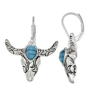 Napier Silver Tone Turquoise Bull Head Drop Earrings