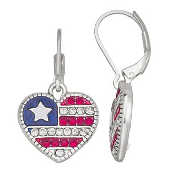Napier Silver Tone American Flag Heart Drop Earrings
