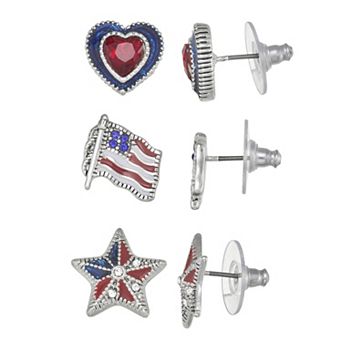 Napier Silver Tone Heart, Flag, and Star Stud 3 pc Earrings Set