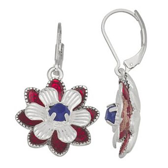 Napier Silver Tone Red, White, and Blue Flower Drop Earrings