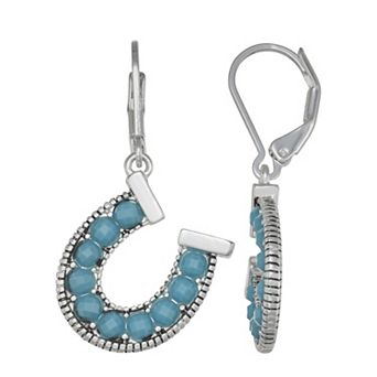 Napier Silver Tone Turquoise Stones Horseshoe Drop Leverback Earrings