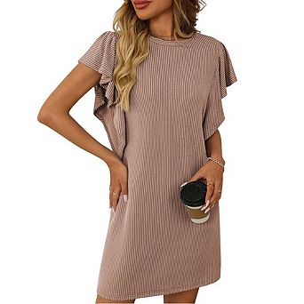 Women's Casual Block Thin Striped Dress Twist Detail Ruffle Sleeve Midi Dress Daily Versatile Wear