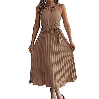 Women Sleeveless Stand Collar Midi Dress Slim Fit with Waist Cinching Pleats Waist Tie Back Zipper