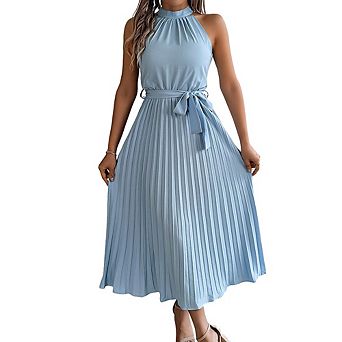 Women Sleeveless Stand Collar Midi Dress Slim Fit with Waist Cinching Pleats Waist Tie Back Zipper