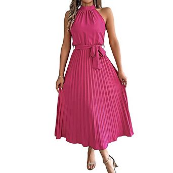 Women Sleeveless Stand Collar Midi Dress Slim Fit with Waist Cinching Pleats Waist Tie Back Zipper