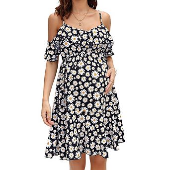 Maternity Daisy Print Dress Halter Short Sleeve Design Elastic Waist Asymmetric Hem Midi Dress