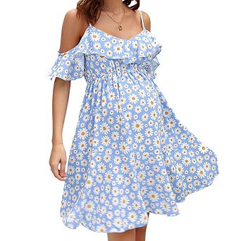 Maternity Daisy Print Dress Halter Short Sleeve Design Elastic Waist Asymmetric Hem Midi Dress