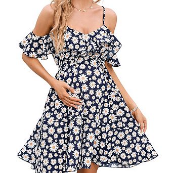 Maternity Daisy Print Dress Halter Short Sleeve Design Elastic Waist Asymmetric Hem Midi Dress
