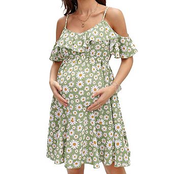Maternity Daisy Print Dress Halter Short Sleeve Design Elastic Waist Asymmetric Hem Midi Dress