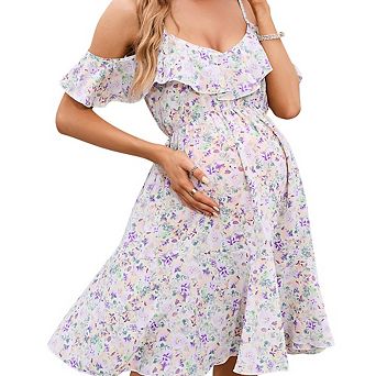 Maternity Daisy Print Dress Halter Short Sleeve Design Elastic Waist Asymmetric Hem Midi Dress