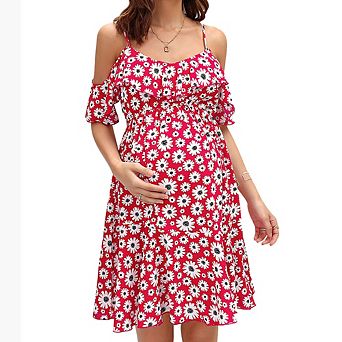 Maternity Daisy Print Dress Halter Short Sleeve Design Elastic Waist Asymmetric Hem Midi Dress