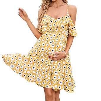 Maternity Daisy Print Dress Halter Short Sleeve Design Elastic Waist Asymmetric Hem Midi Dress