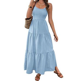 Women's Backless Tiered Cake Maxi Dress Bow Tie Back Waist-Tied Flowy Spaghetti Strap Casual Dress