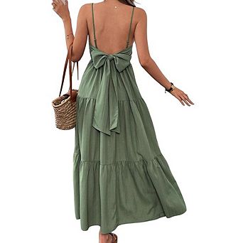 Women's Backless Tiered Cake Maxi Dress Bow Tie Back Waist-Tied Flowy Spaghetti Strap Casual Dress