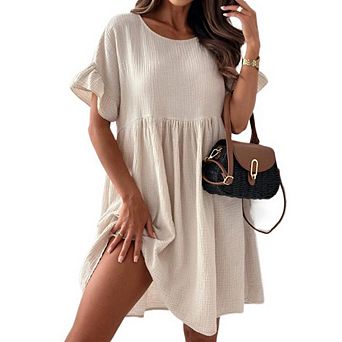 Women Casual Round Neck Short Sleeve Dress Textured Loose Pleated Midi Dress Daily Versatile Dress