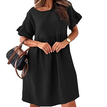 Women Casual Round Neck Short Sleeve Dress Textured Loose Pleated Midi Dress Daily Versatile Dress