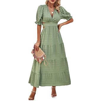 Women Summer Elegant V-Neck Midi Dress Puff Sleeve Waist-Tied Dress with Back Cutout Slim-Fit Dress