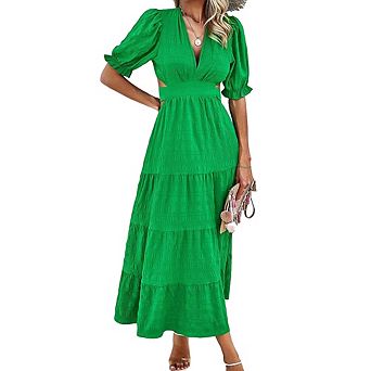 Women Summer Elegant V-Neck Midi Dress Puff Sleeve Waist-Tied Dress with Back Cutout Slim-Fit Dress