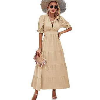 Women Summer Elegant V-Neck Midi Dress Puff Sleeve Waist-Tied Dress with Back Cutout Slim-Fit Dress