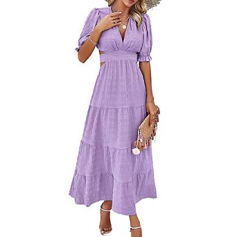 Women Summer Elegant V-Neck Midi Dress Puff Sleeve Waist-Tied Dress with Back Cutout Slim-Fit Dress