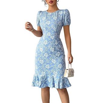 Women's Summer Slim Fit Bodycon Dress Floral Print Crew Neck Short Sleeve Knee-Length Midi Dress