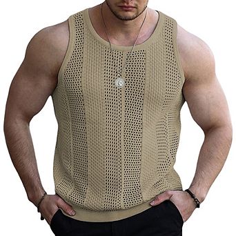 Men's Summer Fashion Casual Hollow Knit Tank Top Slim Fit Sleeveless Lightweight Breathable Top