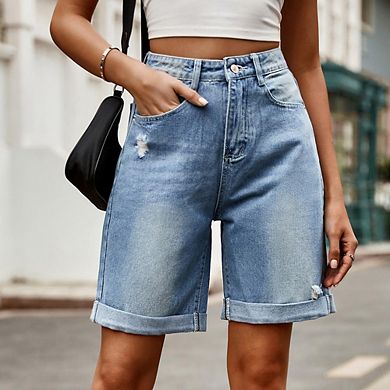 Women Distressed Cuffed 5-Point Denim Shorts High-Waisted Slimming Bermuda Trendy Versatile Bottoms
