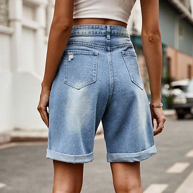 Women Distressed Cuffed 5-Point Denim Shorts High-Waisted Slimming Bermuda Trendy Versatile Bottoms